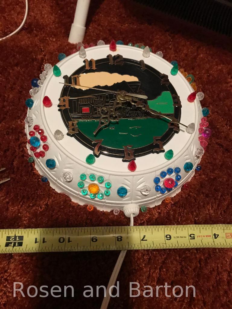 Handmade Train Clock, lighted. Clock is battery operated, lights are corded