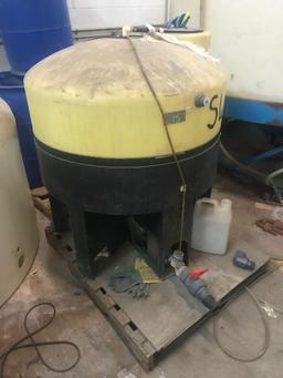 Approx 250 gallons? Stands approx 48 inches tall. On skid. With untested pump