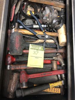 Bulk drawer load of mallets, hammers, filter wrenches, brushes and more