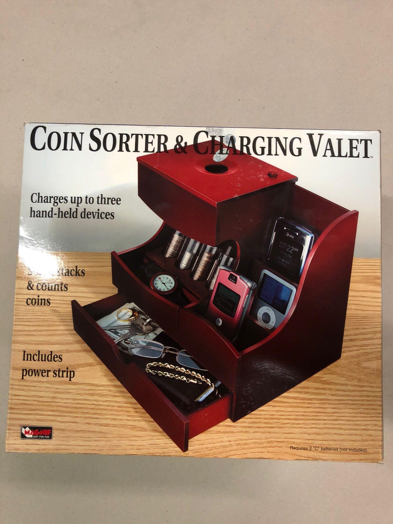 Coin Sorter & Charging Valet (Charges up to 3 handheld devices, sorts, stacks & counts coins,