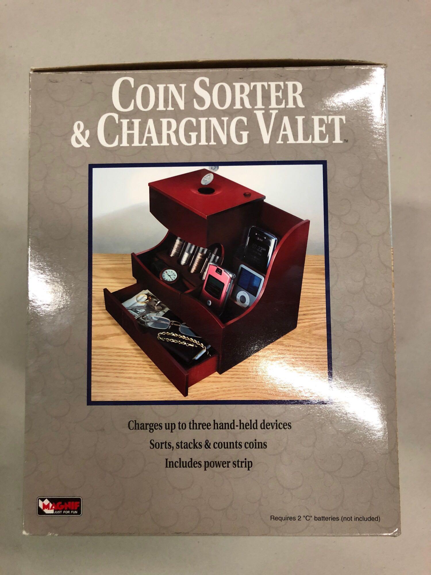 Coin Sorter & Charging Valet (Charges up to 3 handheld devices, sorts, stacks & counts coins,