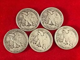 5 various date 1940's Walking Liberty Half Dollars, sells times the money