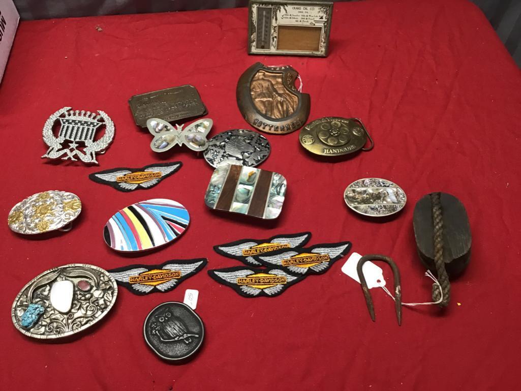 Large Collection of Belt Buckles, Rope Pulley, and Thermometer Picture frame