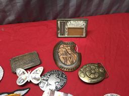 Large Collection of Belt Buckles, Rope Pulley, and Thermometer Picture frame