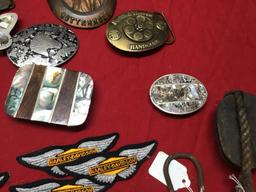 Large Collection of Belt Buckles, Rope Pulley, and Thermometer Picture frame