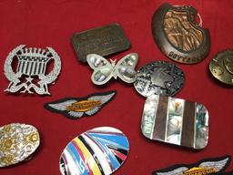 Large Collection of Belt Buckles, Rope Pulley, and Thermometer Picture frame