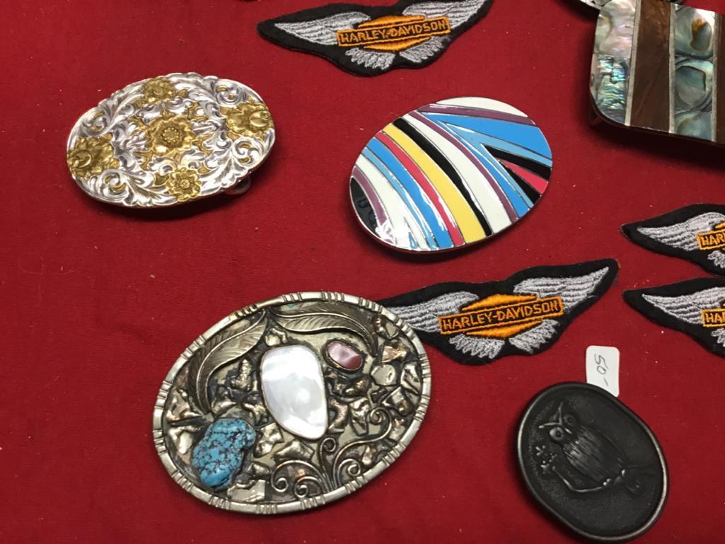 Large Collection of Belt Buckles, Rope Pulley, and Thermometer Picture frame