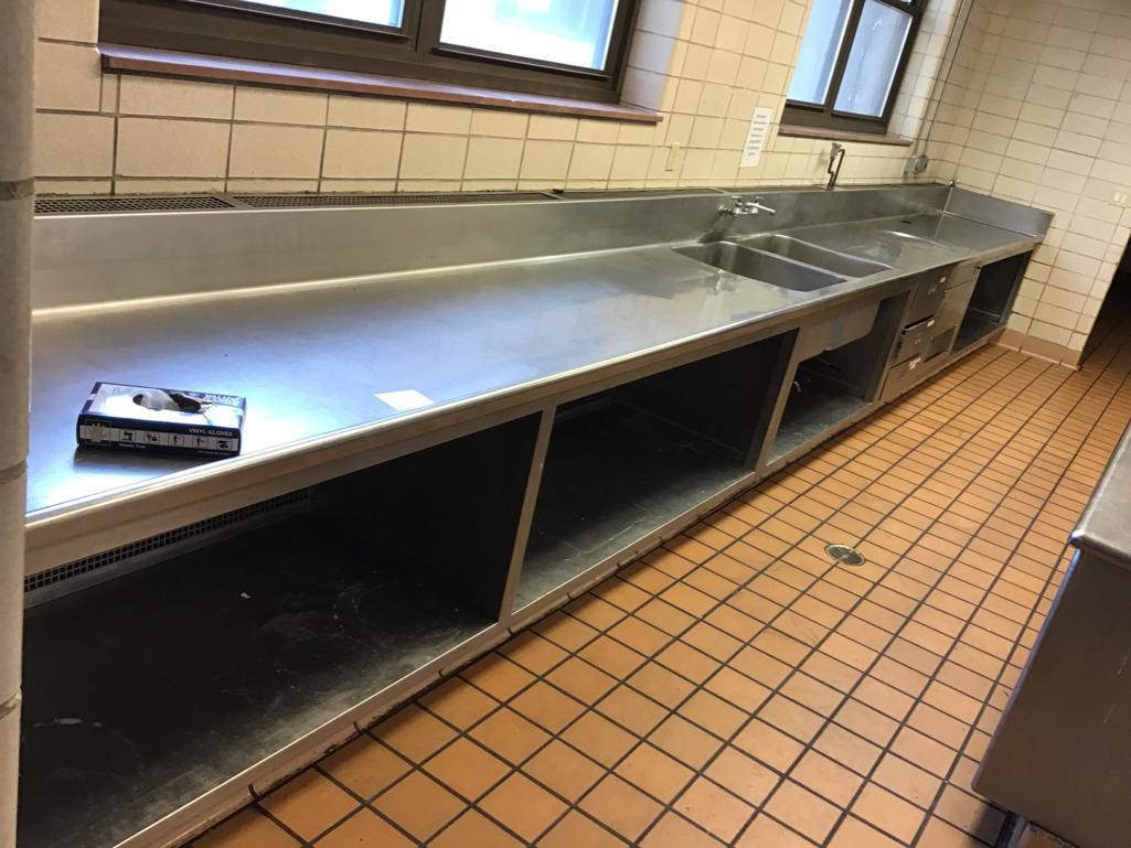 Built in Stainless Steel Counter unit, with drawers & sink 36 in. deep, 27 ft long, and 35 in. tall