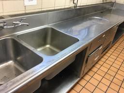 Built in Stainless Steel Counter unit, with drawers & sink 36 in. deep, 27 ft long, and 35 in. tall