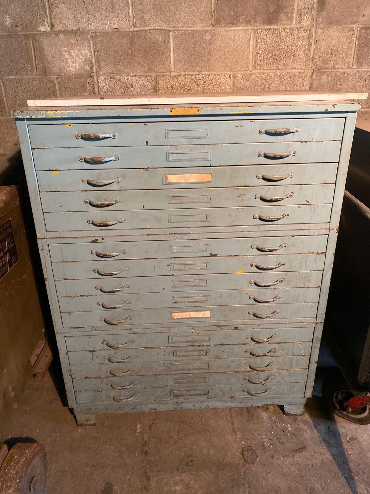 (3) 5 drawer steel blue print cabinets