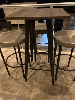 23 in x 23 in Wooden High Top/Metal Base Bistro Table-41 in high. Comes with 4 matching chairs