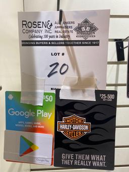 (2) Gift Cards. $100 Harley Davidson, $50 Google Play