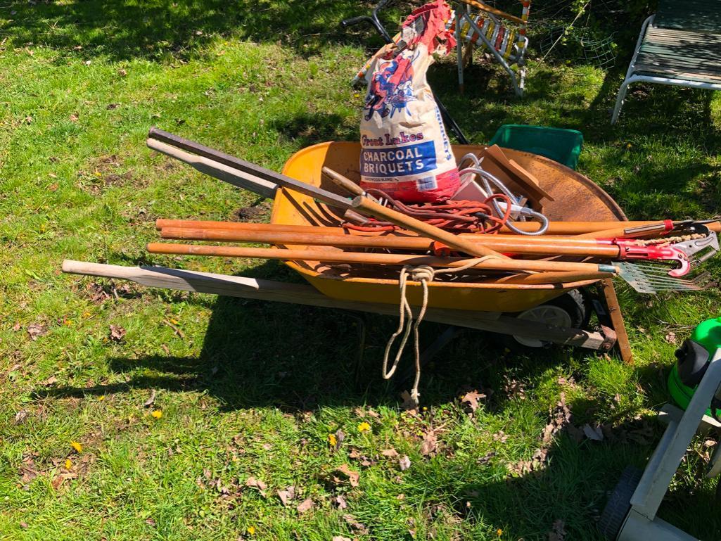 Wheelbarrow, hose wheel cart and other random yard items