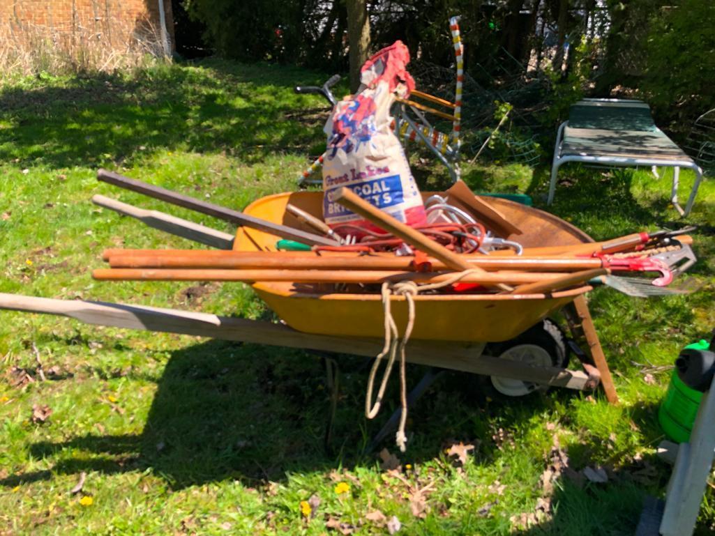 Wheelbarrow, hose wheel cart and other random yard items