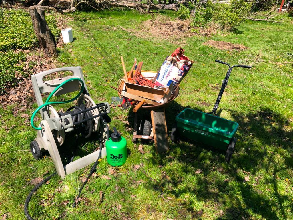 Wheelbarrow, hose wheel cart and other random yard items