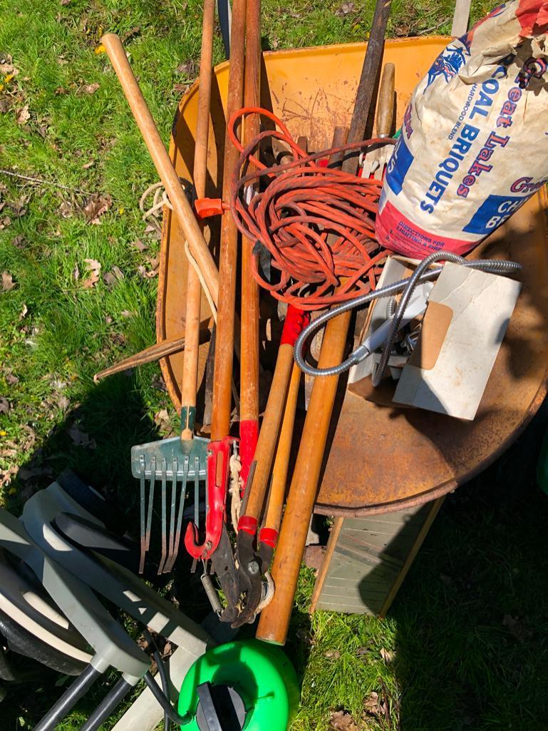 Wheelbarrow, hose wheel cart and other random yard items