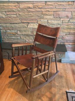 RARE Mid-Century Modern Costa Rican Leather Campaign Folding Rocking Chair