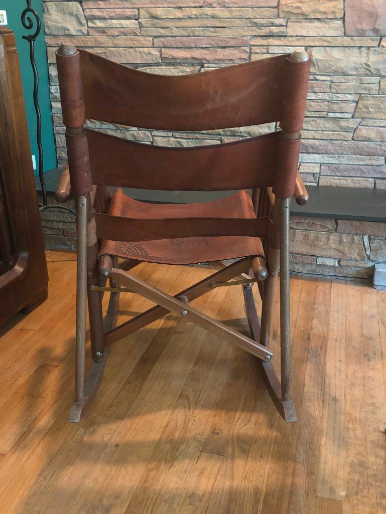 RARE Mid-Century Modern Costa Rican Leather Campaign Folding Rocking Chair