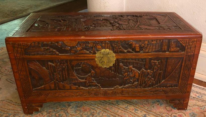 Asian Inspired Carved Wooden Chest