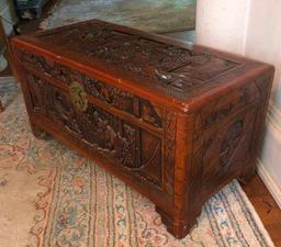 Asian Inspired Carved Wooden Chest