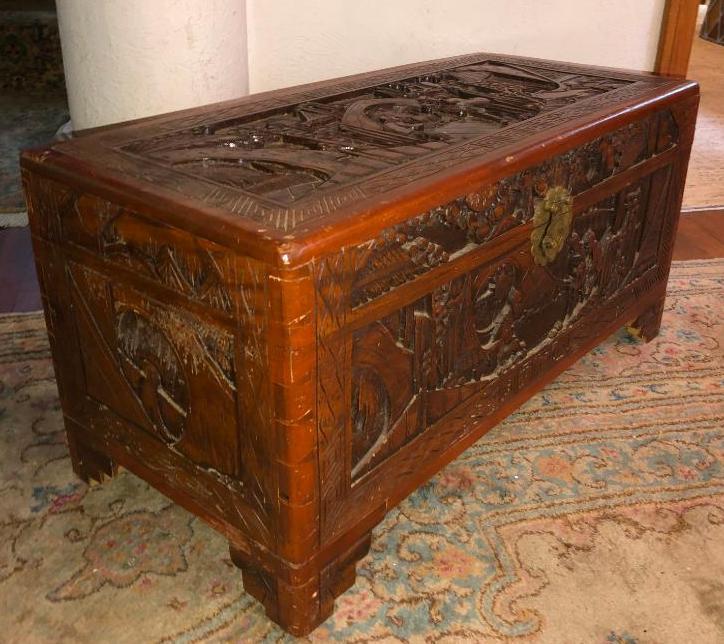 Asian Inspired Carved Wooden Chest