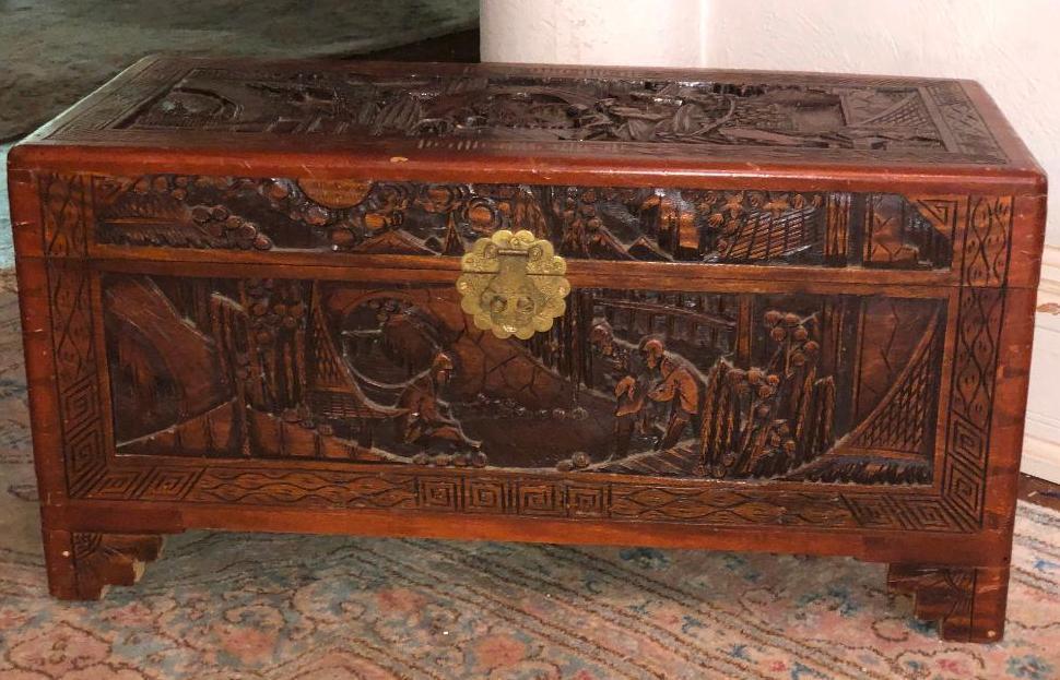 Asian Inspired Carved Wooden Chest