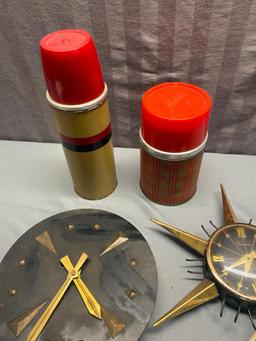 Pair of small Mid Century wall clocks and 2 thermos'