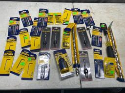 Flat of assorted NEW and Unused tools, drill bits, Allen wrenches and more