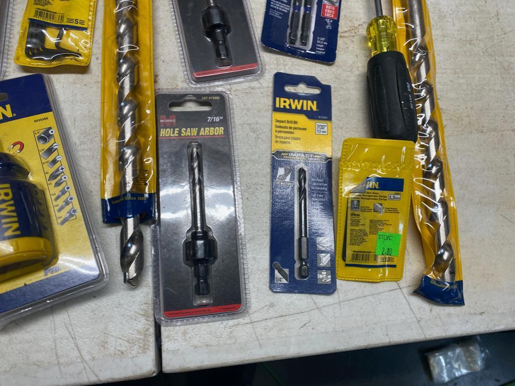 Flat of assorted NEW and Unused tools, drill bits, Allen wrenches and more
