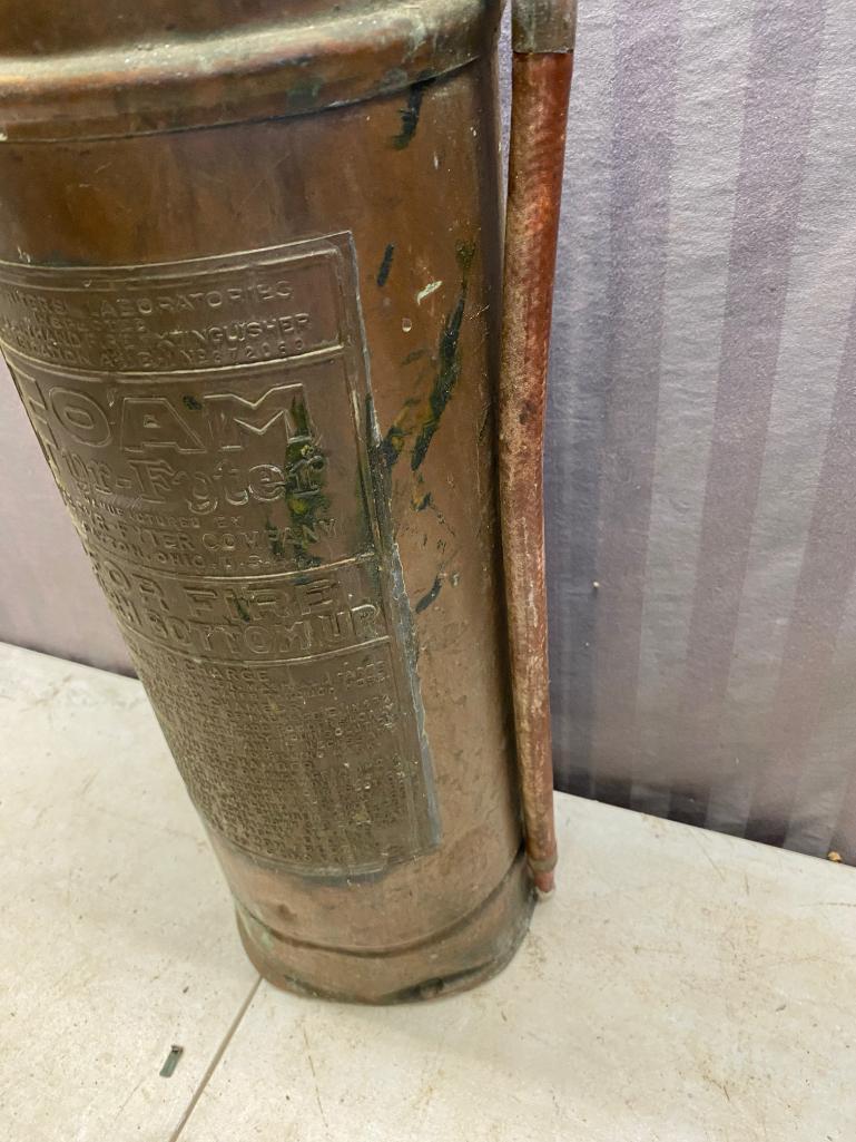 Vintage Brass Foam Fire Extinguisher, some contents inside, notice dents pictured