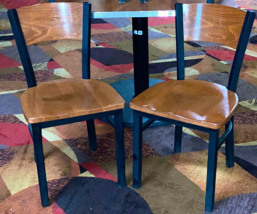 Cherry Wood Laminate Tables with Chrome Bumpers & 4 Matching Wood & Metal Chairs