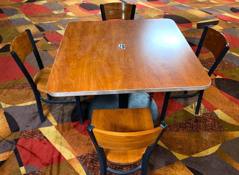 Cherry Wood Laminate Tables with Chrome Bumpers & 4 Matching Wood & Metal Chairs