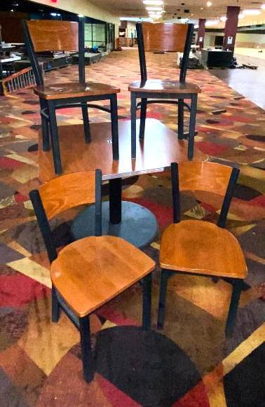 Cherry Wood Laminate Tables with Chrome Bumpers & 4 Matching Wood & Metal Chairs