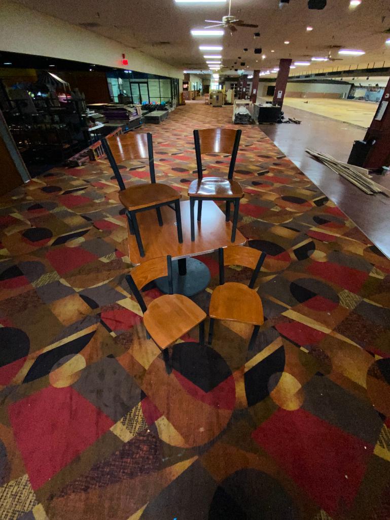 Cherry Wood Laminate Tables with Chrome Bumpers & 4 Matching Wood & Metal Chairs