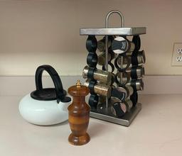 Spice Things Up with This Kitchen Lot. A Stovetop Tea Kettle, Spinning Spice Rack, and a Wooden