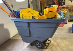Large Rolling Industrial Waste / Laundry Bin FULL of Dust Mops, Buckets, and More!
