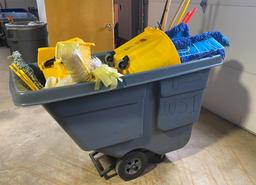 Large Rolling Industrial Waste / Laundry Bin FULL of Dust Mops, Buckets, and More!