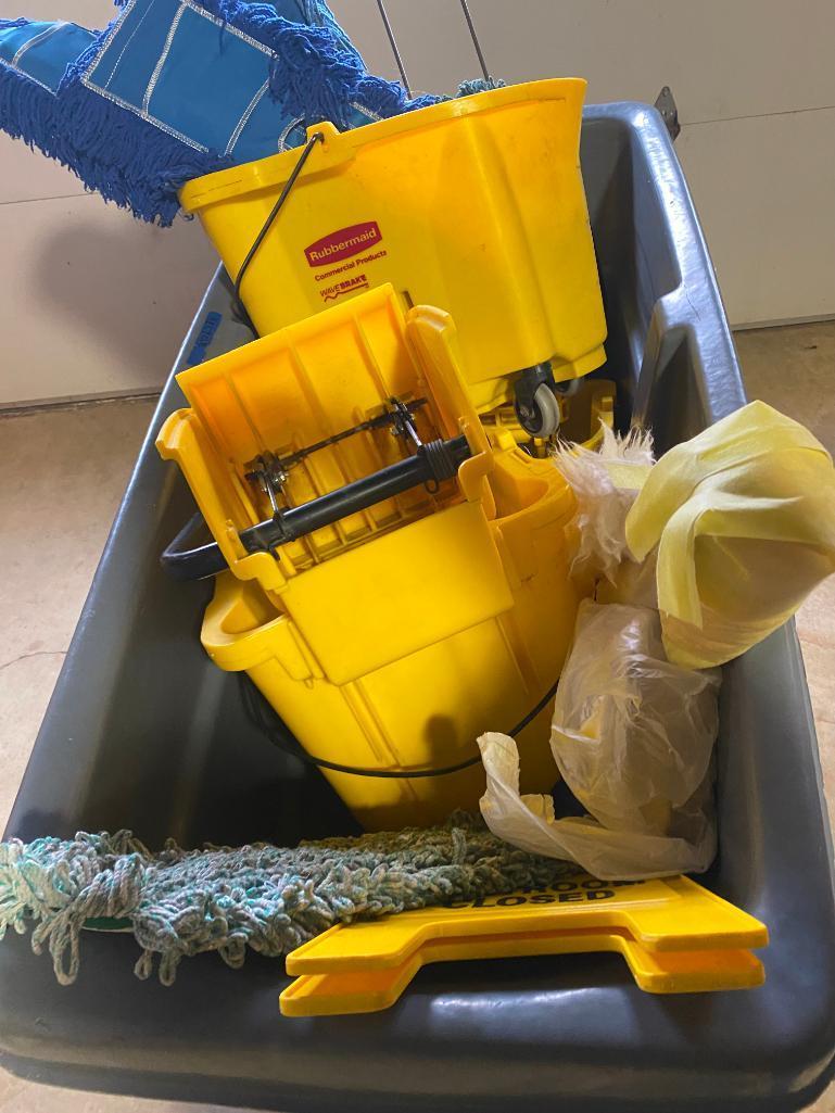 Large Rolling Industrial Waste / Laundry Bin FULL of Dust Mops, Buckets, and More!