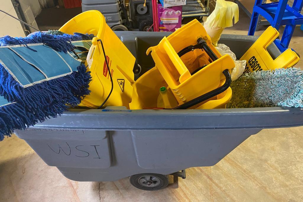 Large Rolling Industrial Waste / Laundry Bin FULL of Dust Mops, Buckets, and More!