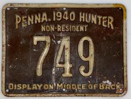 Very Rare 1940 Metal Pennsylvania Non Resident Hunting License