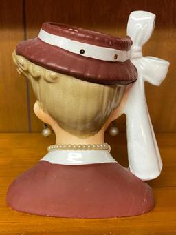 Vintage Napco Lady Head Vase in Red with Pearl Earrings and Necklace