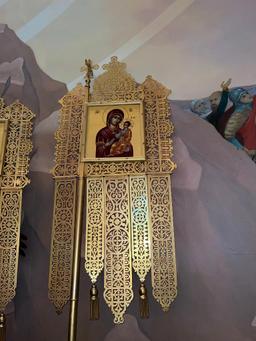 Brass Orthodox Processional Church Banner with Madonna and Child Icon