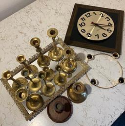 Vintage Seth Thomas Clock, Candlesticks and a Mirrored Tray