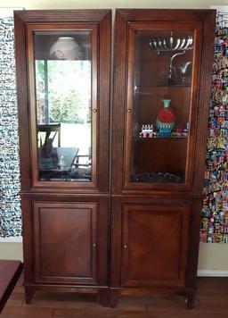 2 X Mission Lined Mahogany Curio & Storage Cabinets