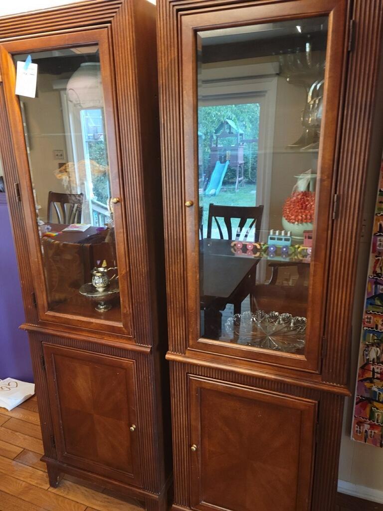 2 X Mission Lined Mahogany Curio & Storage Cabinets