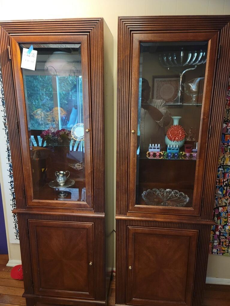 2 X Mission Lined Mahogany Curio & Storage Cabinets