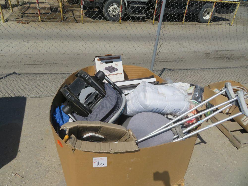 1 Pallet crutches, car seat, pictures, indoor grill, misc