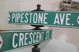 Flandreau, SD Embossed Street Signs w/ Cast Iron Holder (Pipestone Ave. & Crescent St)