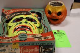 Paper Mache 4 In. Tall Jack-O-Lantern & 1960s Era Frankenstein (The Brute) Costume in Original Box