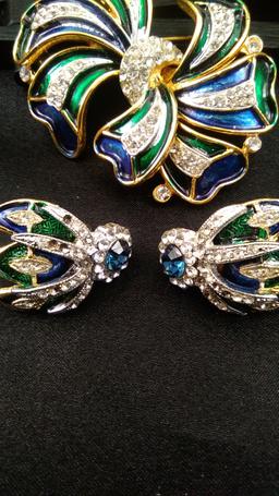 Vintage enamel and Rhinestone Brooch and Earrings set